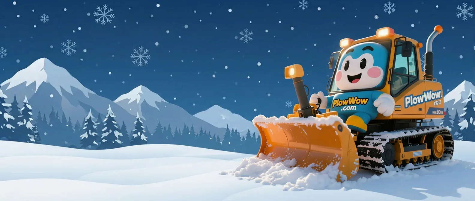 PlowWow snow removal mascot driving a blue snow plow truck — professional winter services across Vancouver and the Lower Mainland BC