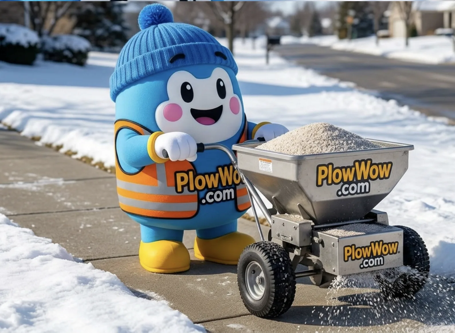 PlowWow mascot in an orange safety vest pushing a stainless steel walk-behind salt spreader on a cleared residential sidewalk