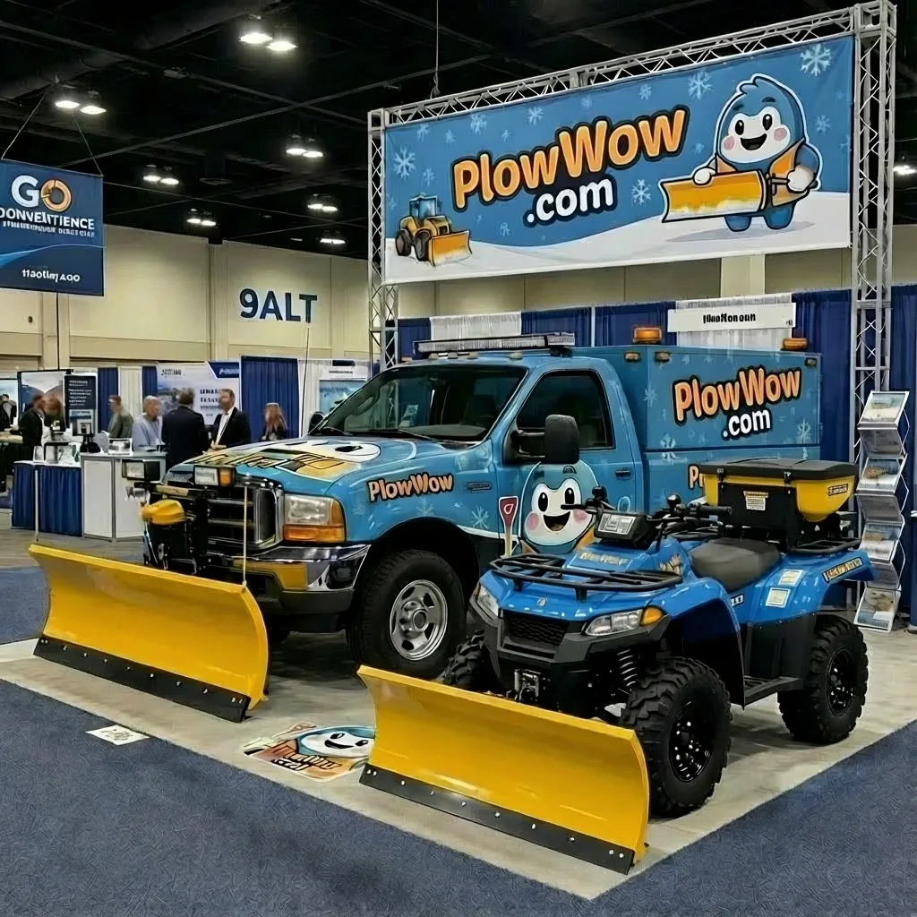PlowWow snow plow truck and ATV plow on display at a snow industry tradeshow with the PlowWow.com mascot banner overhead