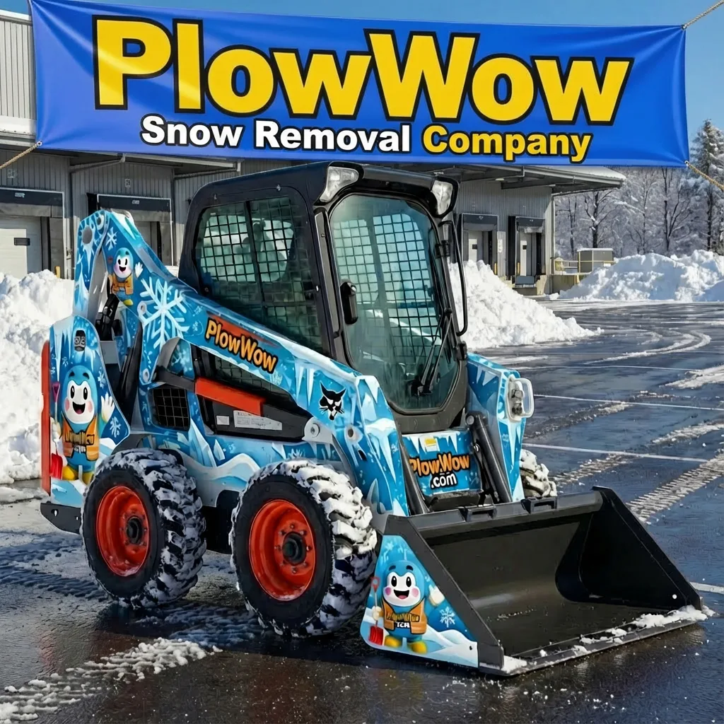 PlowWow-wrapped skid steer loader with snowflake graphics relocating large snow piles at a commercial loading dock