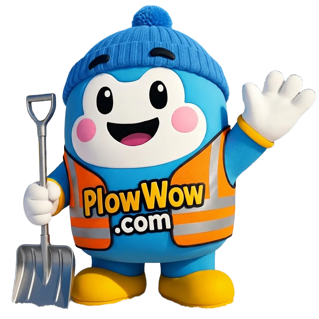 Wow, PlowWow’s blue mascot, waving with a snow shovel and orange safety vest