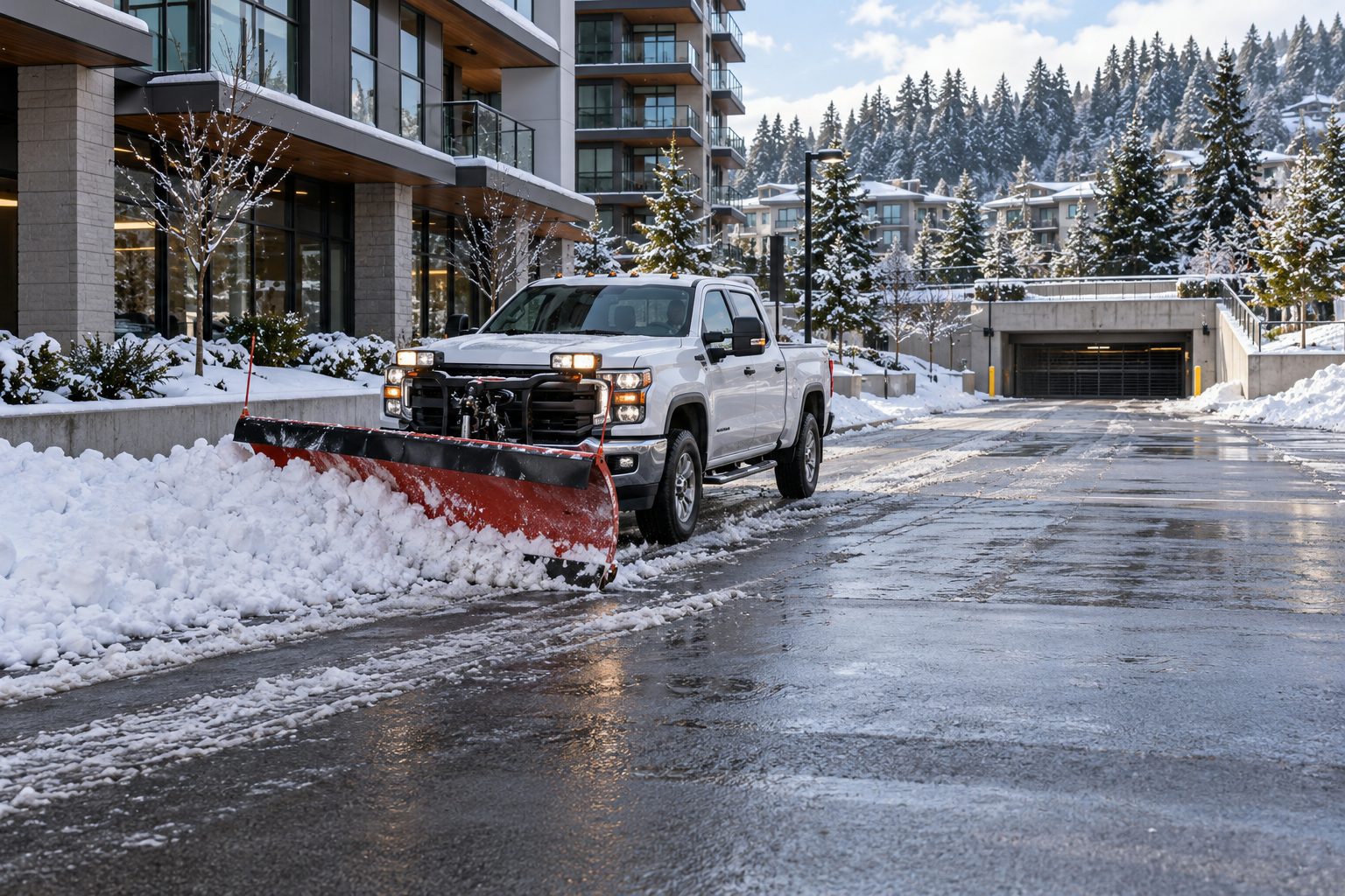 Burnaby Snow Equipment for Stratas and Commercial Sites, 2026–27 A pickup with a front snow plow clearing an open ground-level commercial parking court with a separate parkade entrance in the background