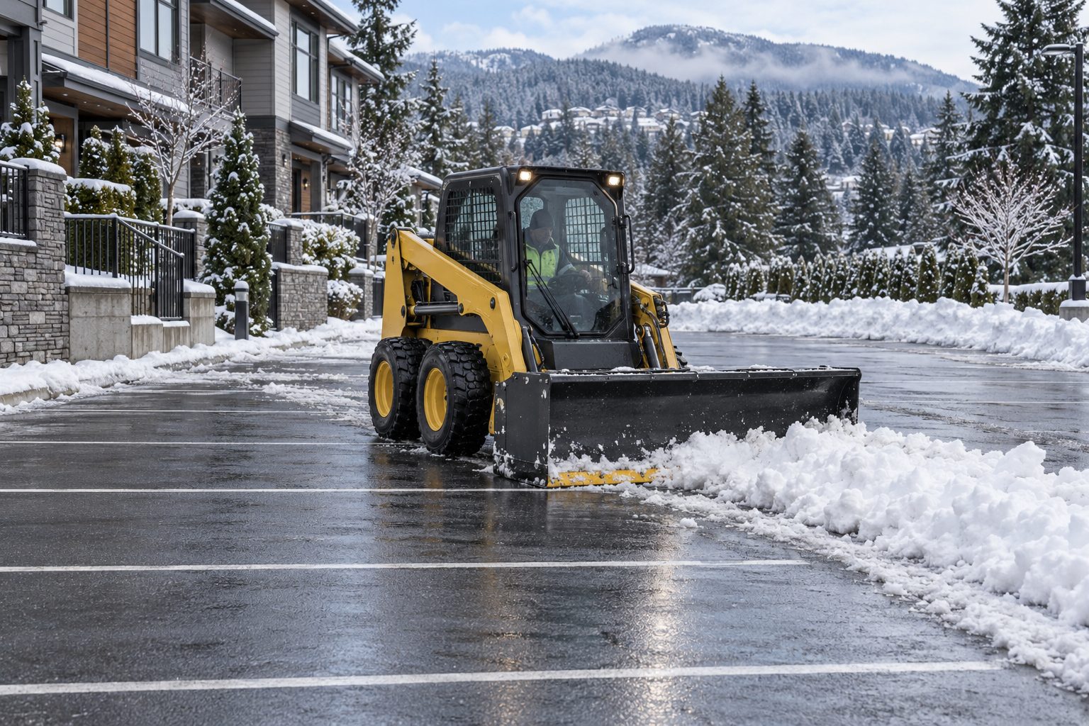 Coquitlam Strata Snow Equipment and Stall Clearing, 2026–27 A wheeled compact skid-steer loader with a snow attachment working in a vacant row of parking stalls beside imagined West Coast townhouses