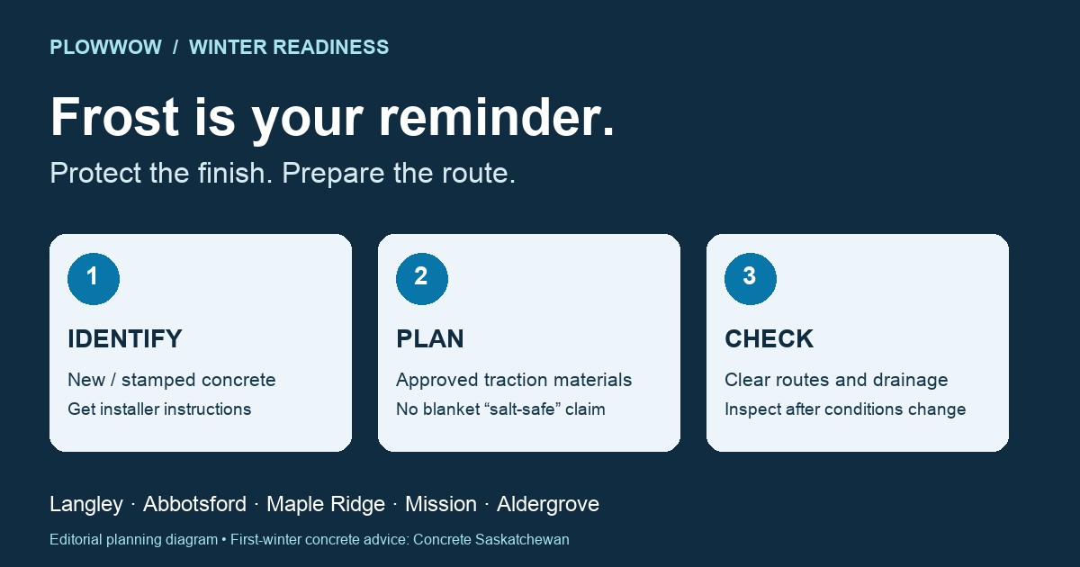 First Frost, Fraser Valley: Protect Concrete and Plan Ice Control PlowWow planning diagram showing concrete identification, approved traction materials and repeat route inspections