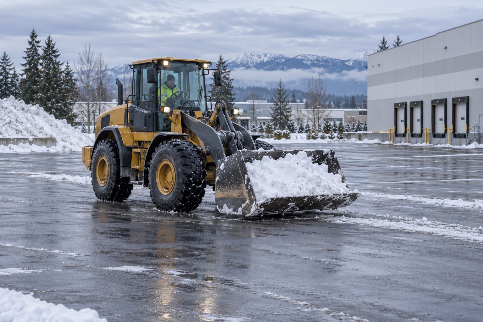 Langley Commercial Snow Equipment: Trucks or Loaders, 2026–27 A front-end wheel loader carrying snow low in its bucket across an open commercial lot toward a designated storage area away from loading doors