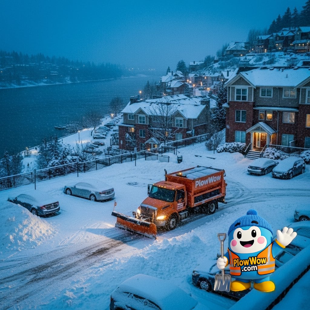 New Westminster Snow Help: An Accessible-Route Subsidy? PlowWow Wow mascot with an illustrated winter property scene for New Westminster snow-assistance planning