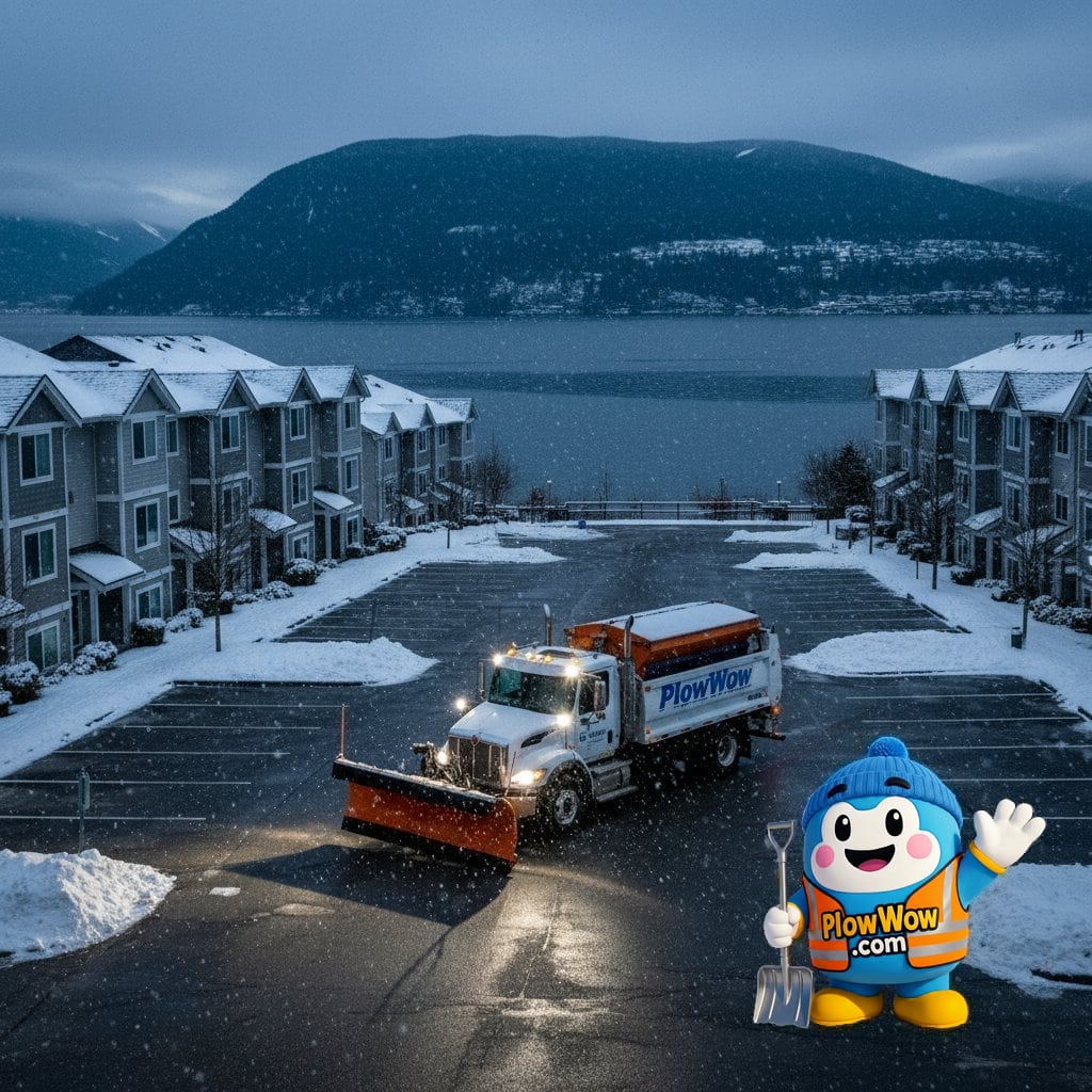 Port Moody Snow Stars: Could a Snow Subsidy Add Support? PlowWow Wow mascot with an illustrated winter property scene for Port Moody snow-assistance planning