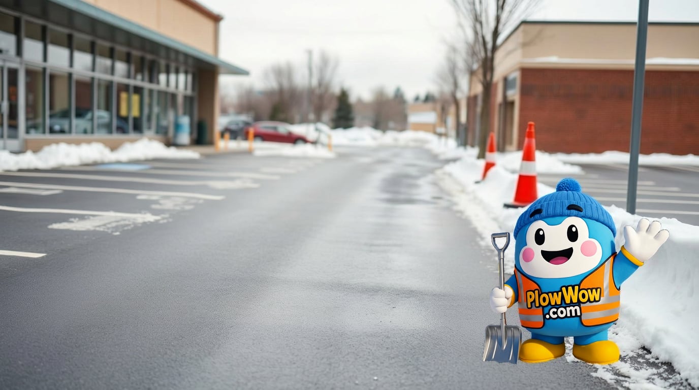 Richmond Snow Removal: Annual Contracts for Commercial & Strata Lots Wow, the PlowWow mascot, beside a cleared commercial parking lot in a branded winter-service illustration