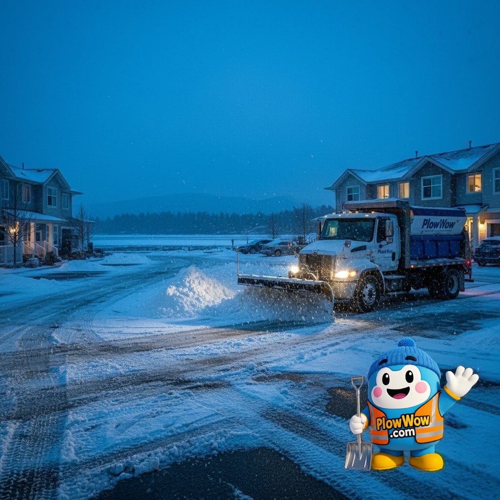 Richmond Snow Removal Help: Could a Subsidy Fill the Gap? PlowWow Wow mascot with an illustrated winter property scene for Richmond snow-assistance planning