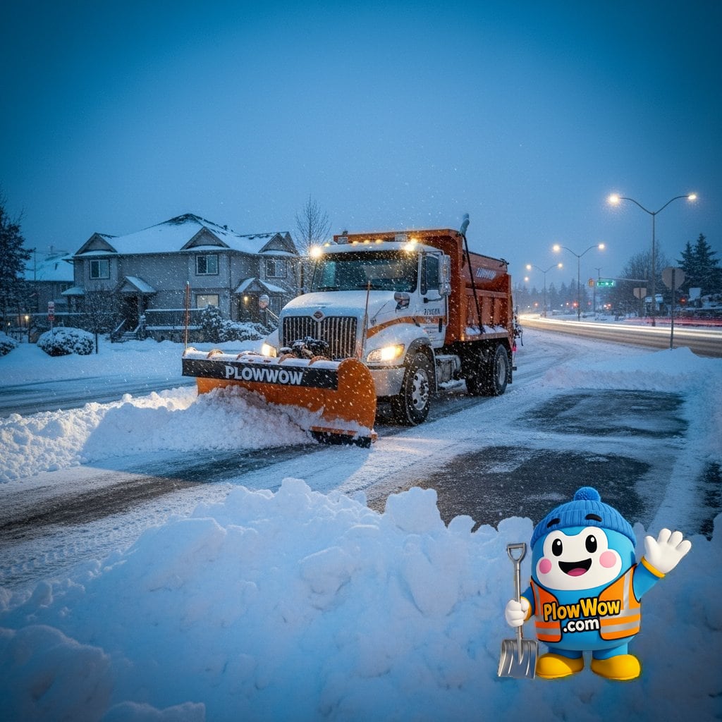 Surrey Snow Subsidy: Seniors’ Support and Strata Responsibilities PlowWow Wow mascot with an illustrated winter property scene for Surrey snow-assistance planning