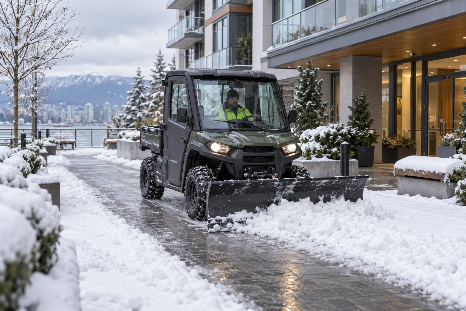 Vancouver Strata Snow Equipment: Sidewalks to Stalls, 2026–27 A compact UTV with a front snow blade clearing a broad paved promenade beside an imagined Vancouver-style strata building